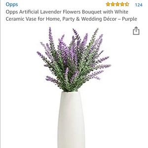 Artificial lavender floral bouquet with white vase
